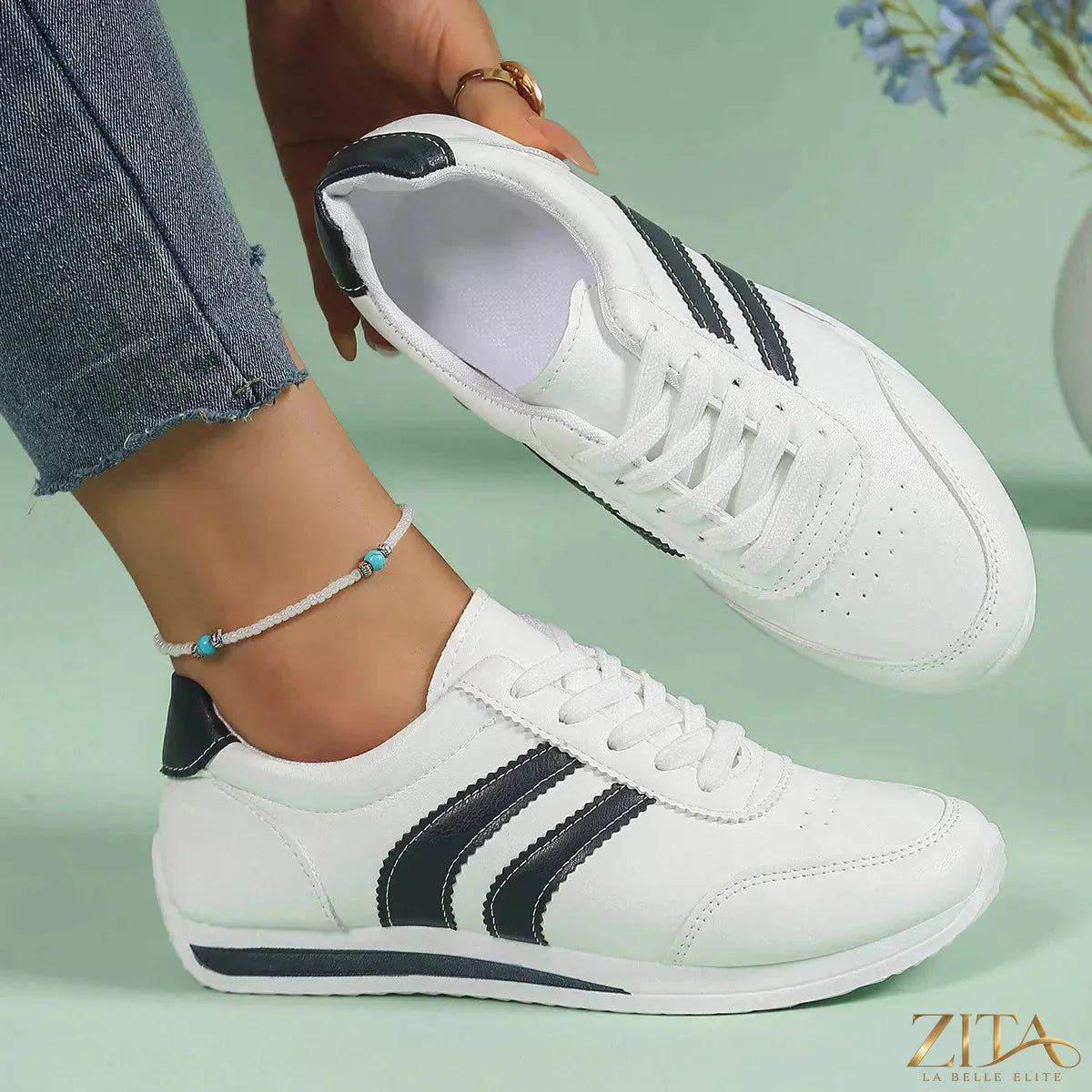 Zita La Belle Elite round toe lace-up sneakers in white with stylish design and comfortable fit.