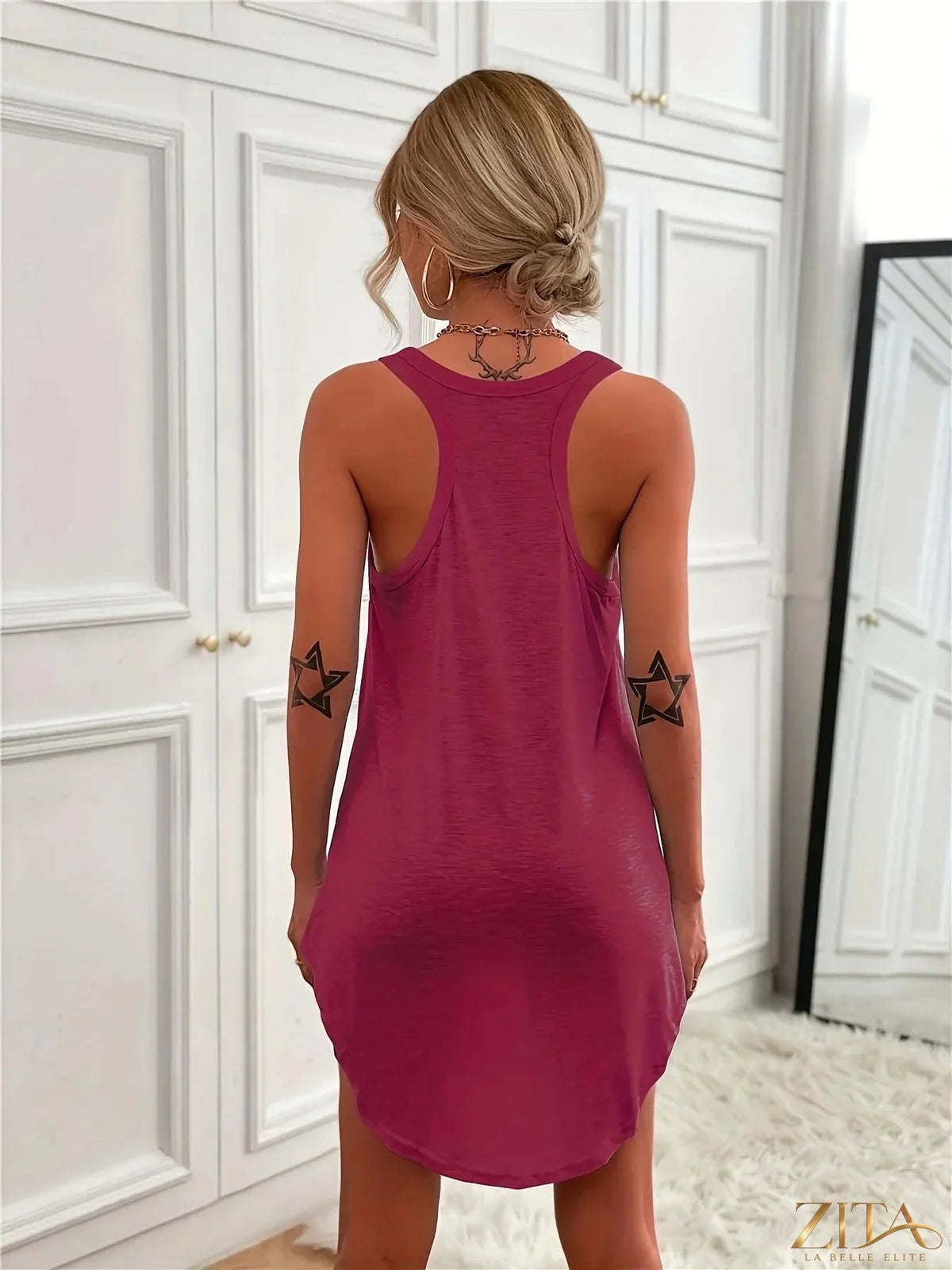 Zita La Belle Elite casual tank mini dress with curved hem, sleeveless design, lightweight fabric, and relaxed fit.