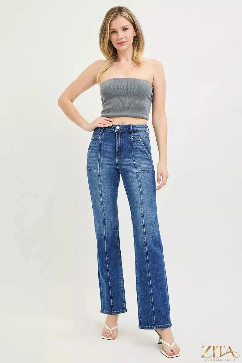 Zita La Belle Elite RISEN high rise straight jeans with patch pockets and seamed details, shown on a model against a neutral background.