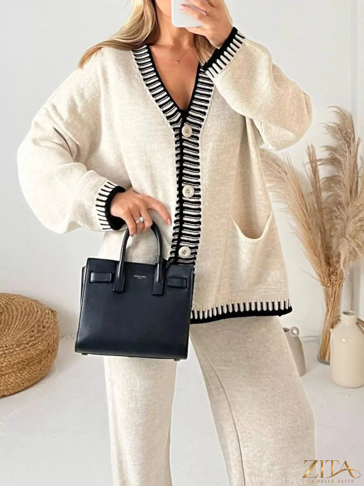 Zita La Belle Elite button-up v-neck cardigan and matching pants sweater set, soft knit fabric in a stylish, coordinated design.