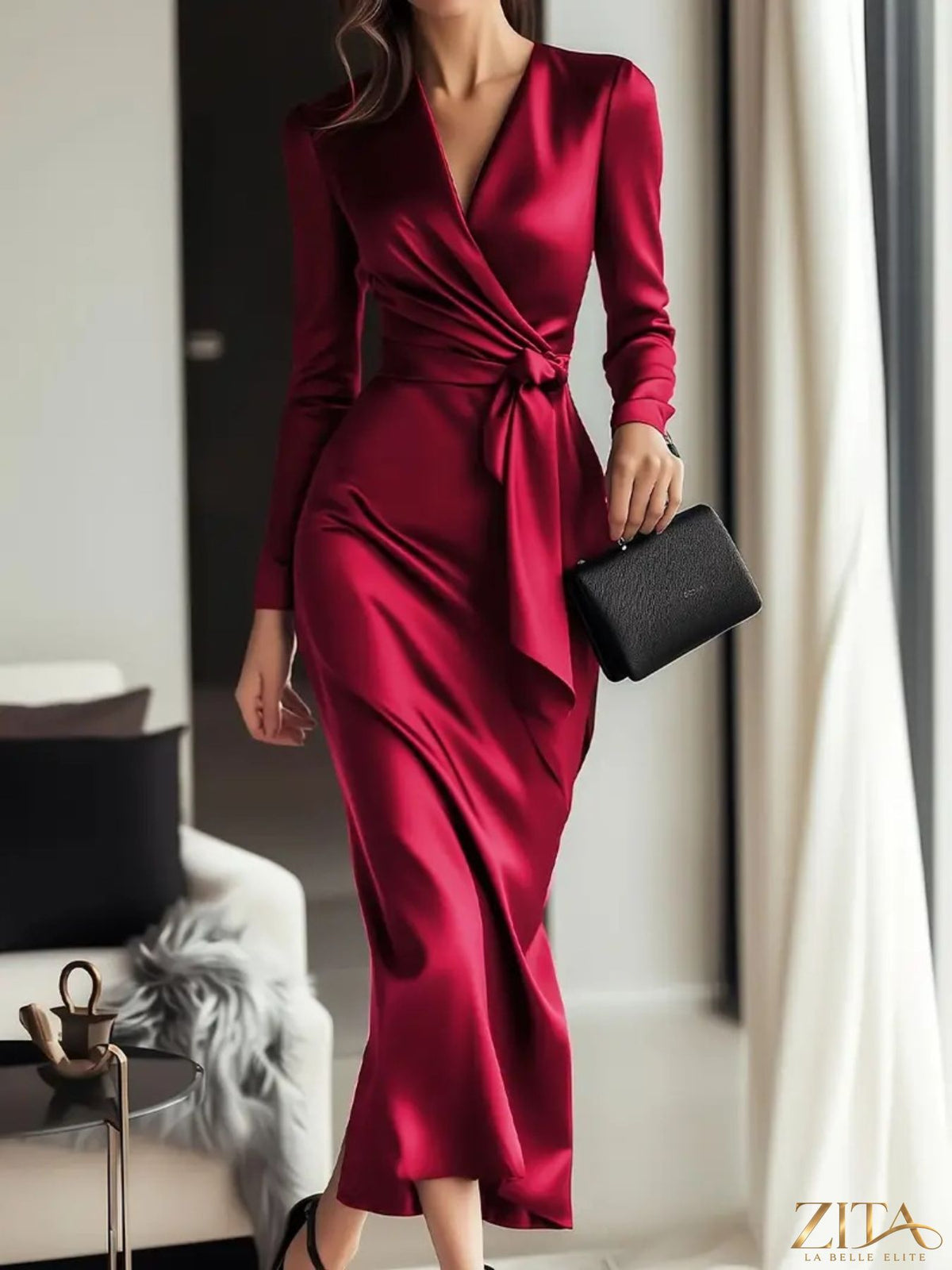 Satin tie waist long sleeve dress by Trendsi, featuring a sleek design with a fitted silhouette and elegant long sleeves.