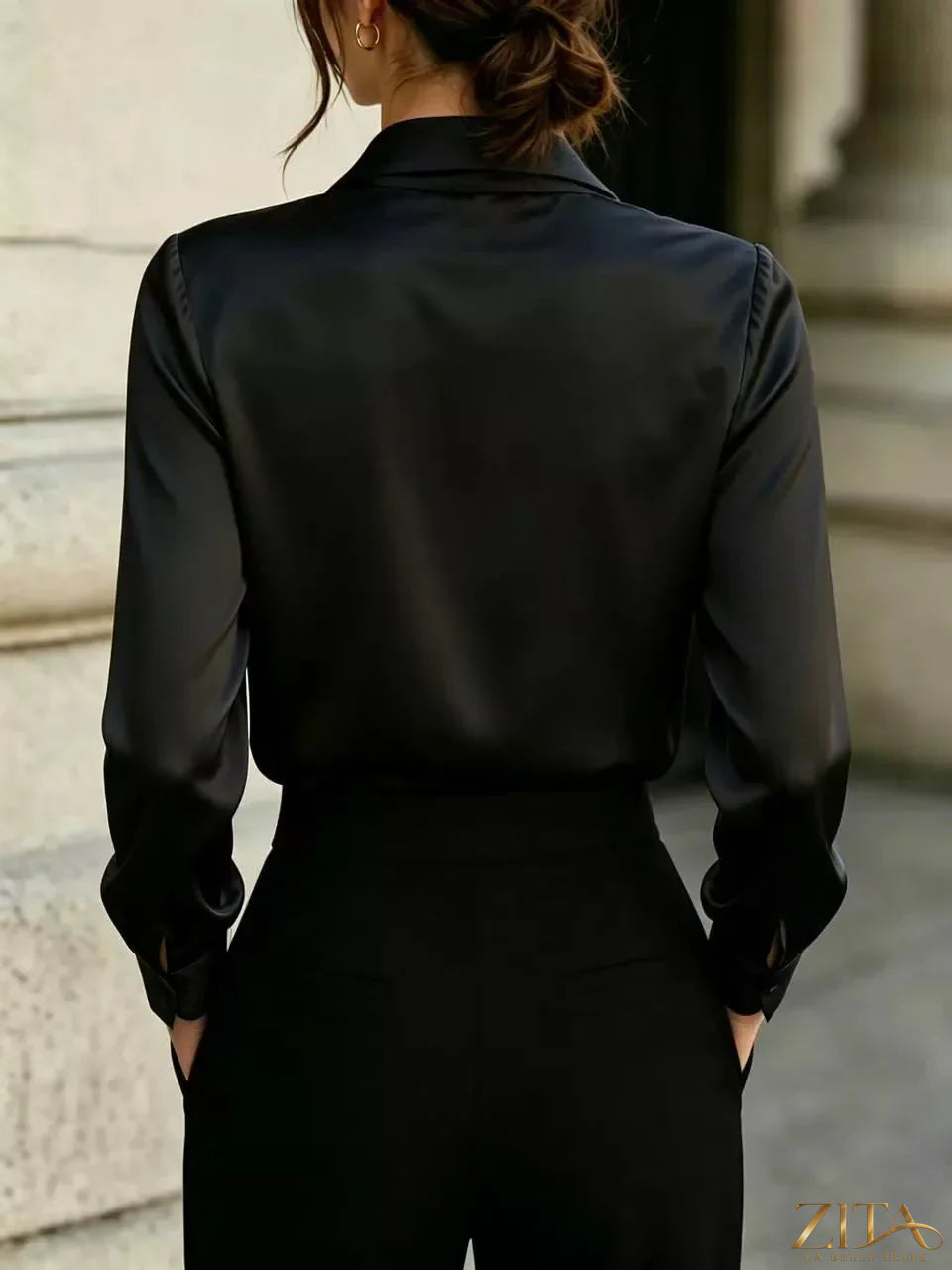 Zita La Belle Elite satin blouse with front tie detail, featuring a sleek, elegant design and smooth fabric.