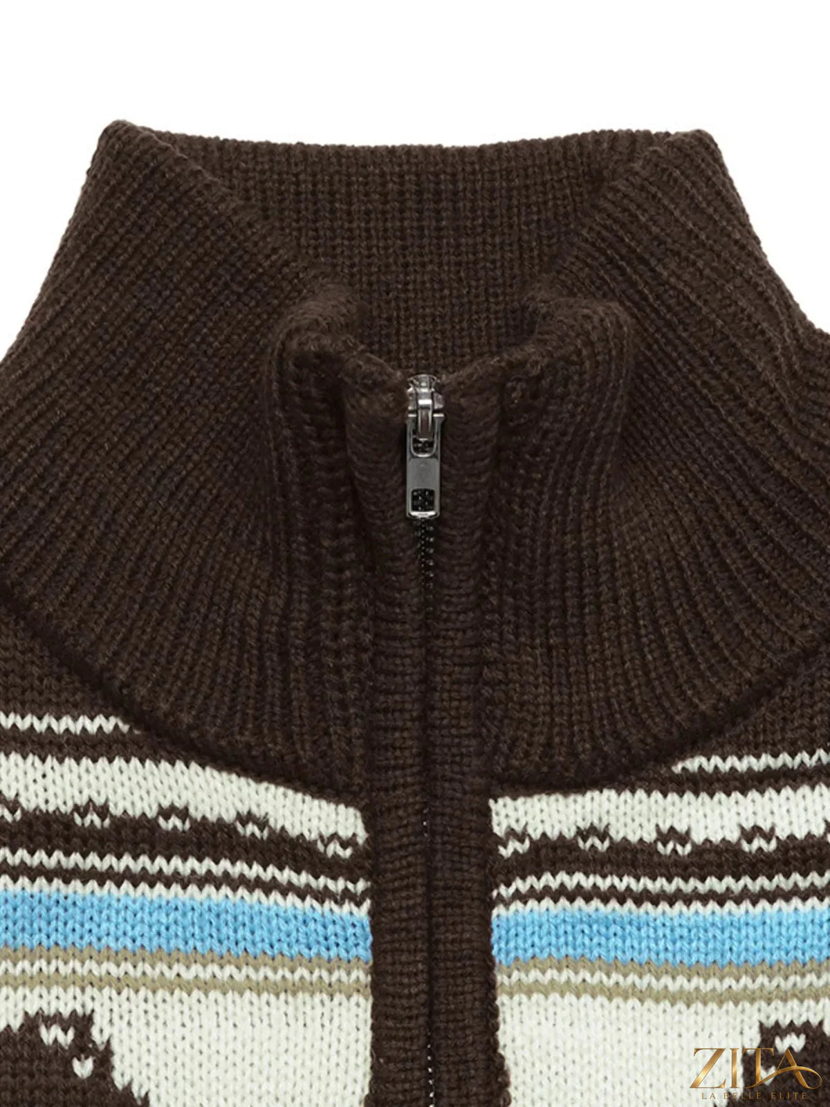 Zita La Belle Elite horse zip-up mock neck cardigan featuring a fitted design and zipper closure, styled for casual wear.