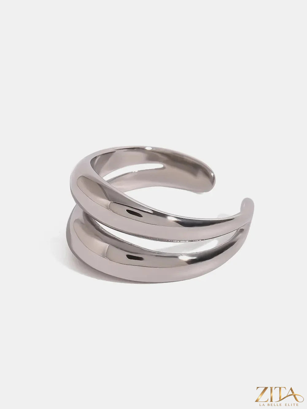 Double-layered stainless steel ring from Zita La Belle Elite, showcasing a sleek, shiny design with smooth edges and layered bands.