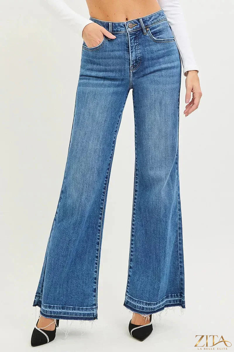Zita La Belle Elite RISEN high rise wide leg jeans with released hem, showcasing a stylish denim fit and trendy design.