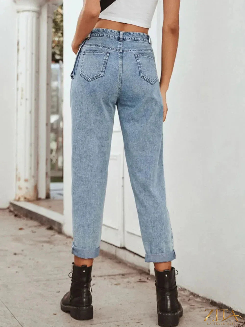 Zita La Belle Elite high waist straight leg jeans with classic denim wash and fitted waistband, shown on a model.