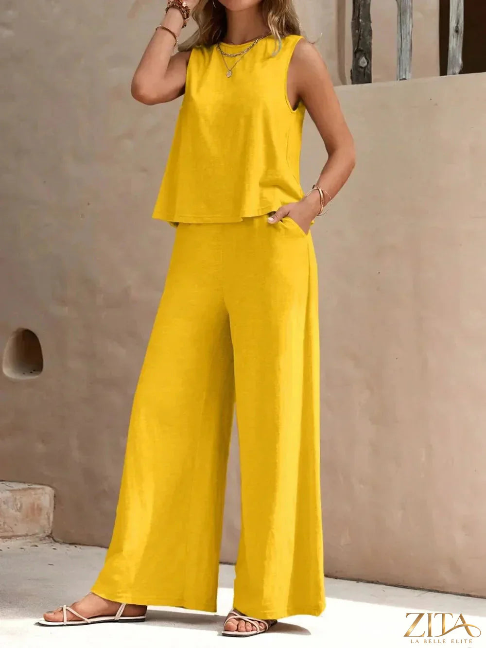 Zita La Belle Elite round neck sleeveless top and wide-leg pants set, stylish and comfortable fashion ensemble.