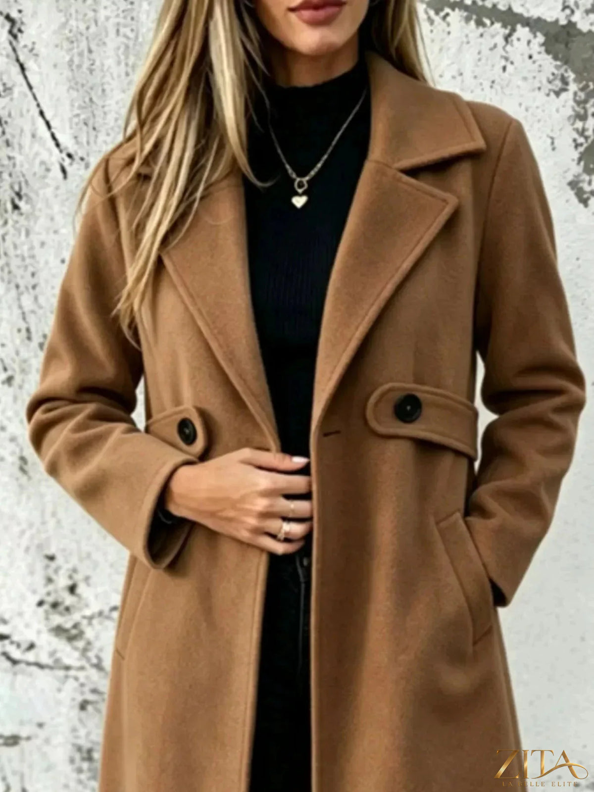 Plus size longline overcoat with lapel collar from Zita La Belle Elite, featuring a stylish full-size lapel and sleek overcoat design.