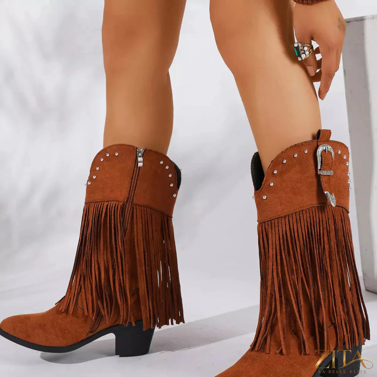 Zita La Belle Elite fringe round toe block heel boots with stylish design and ankle height in black leather.