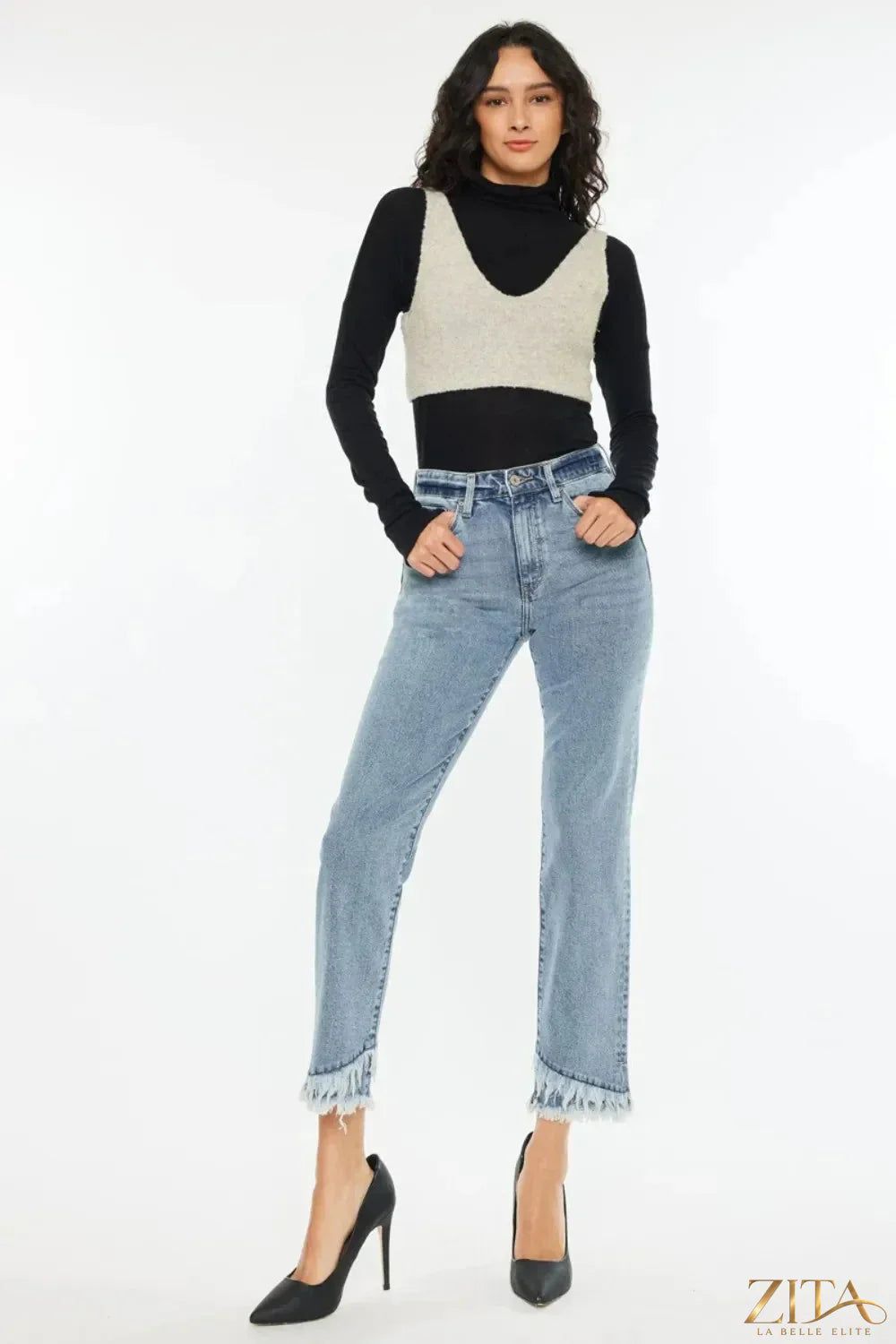 Zita La Belle Elite Kancan raw hem high rise straight jeans with distressed details and classic denim wash.