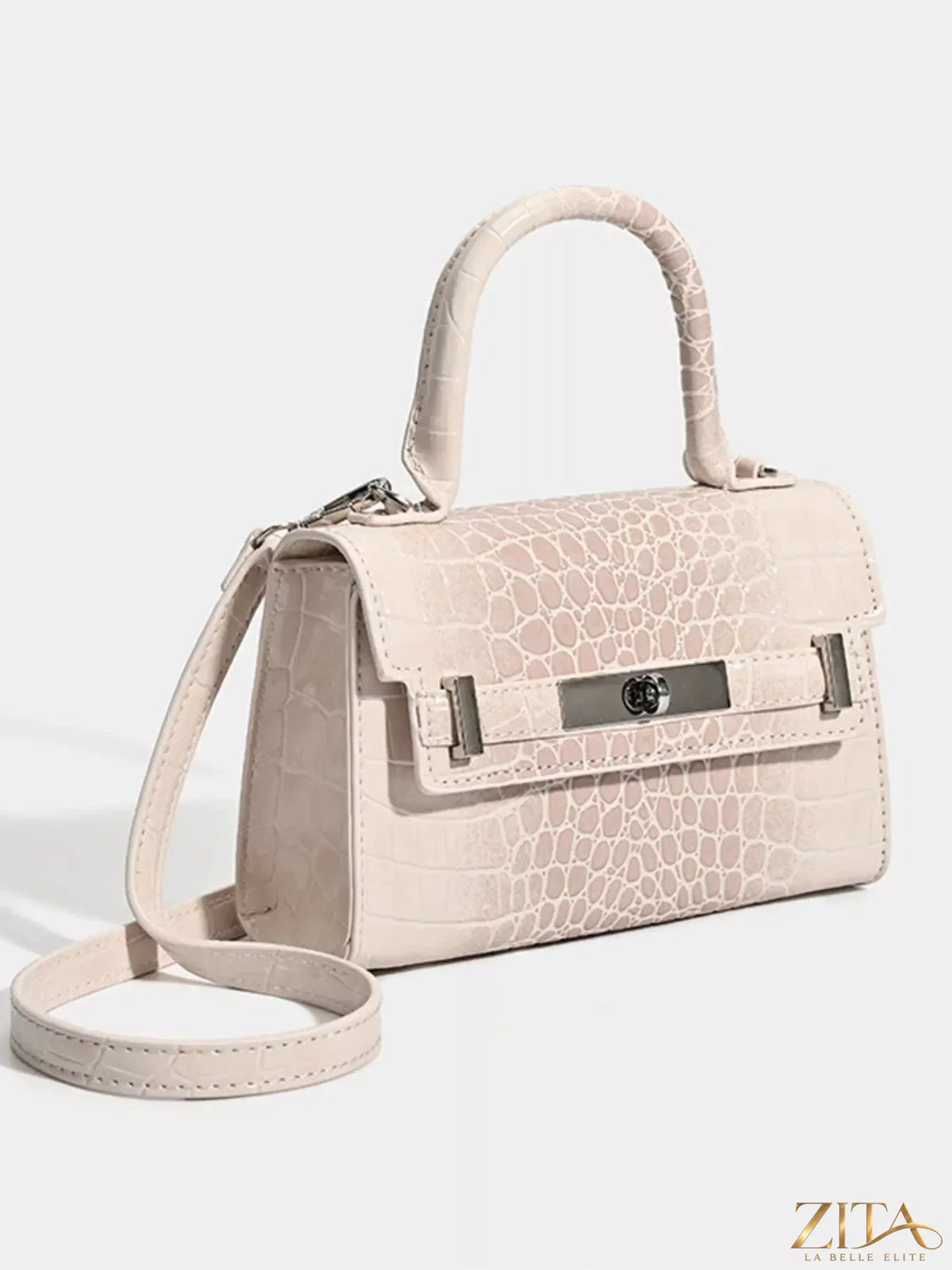 Zita La Belle Elite Croc-Embossed Top Handle Handbag with sleek design and textured croc pattern, featuring a structured shape and top handle.