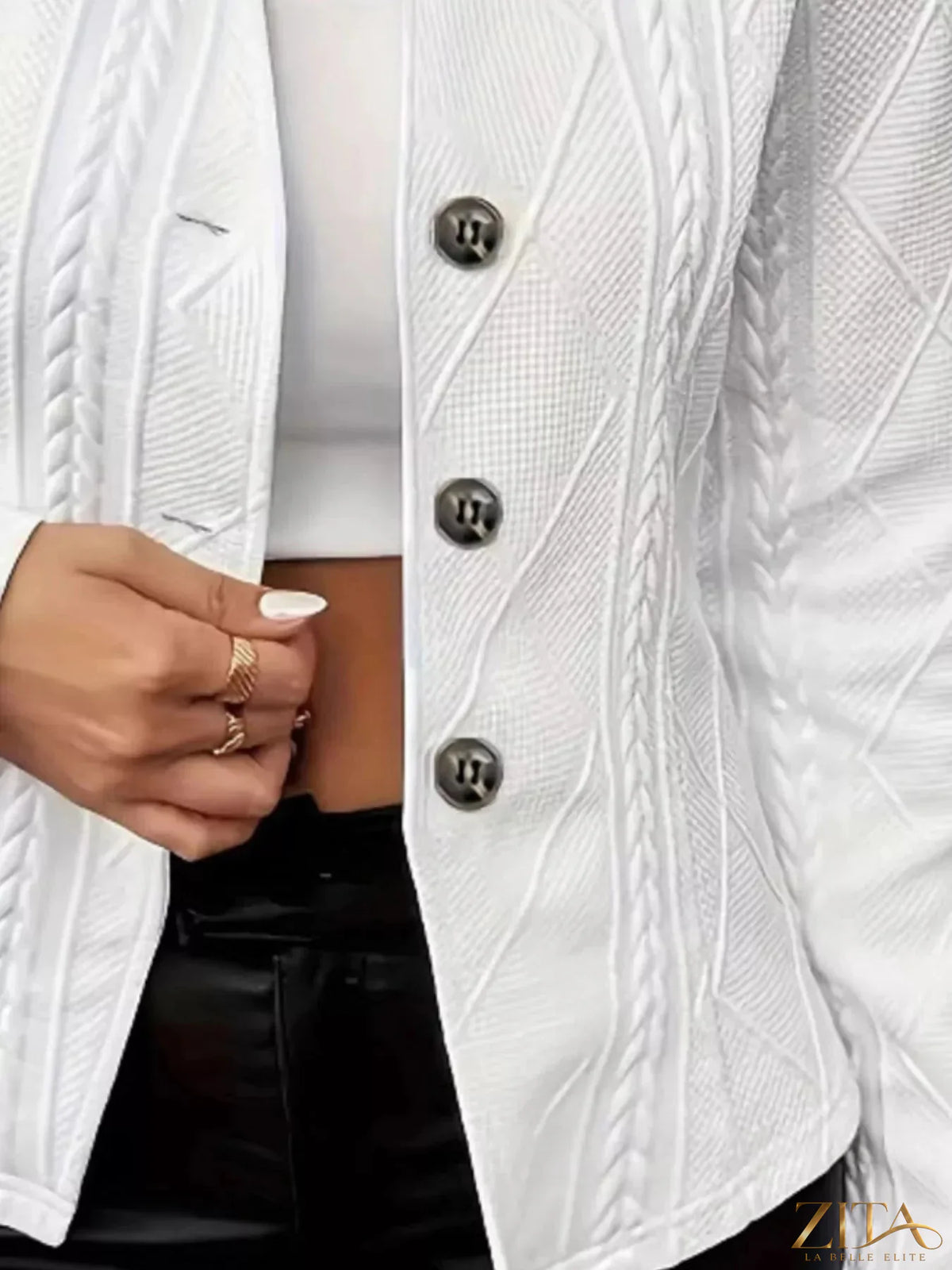 Textured knit button-front blazer by Zita La Belle Elite, showing the tailored fit, front buttons, and detailed knit fabric.