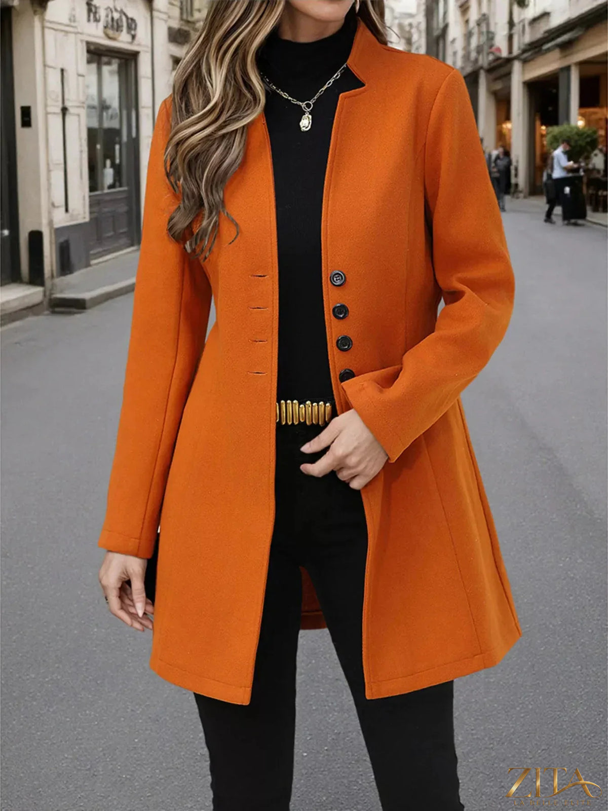 Zita La Belle Elite button-up long sleeve coat with classic design and tailored fit, shown in a stylish exterior view.