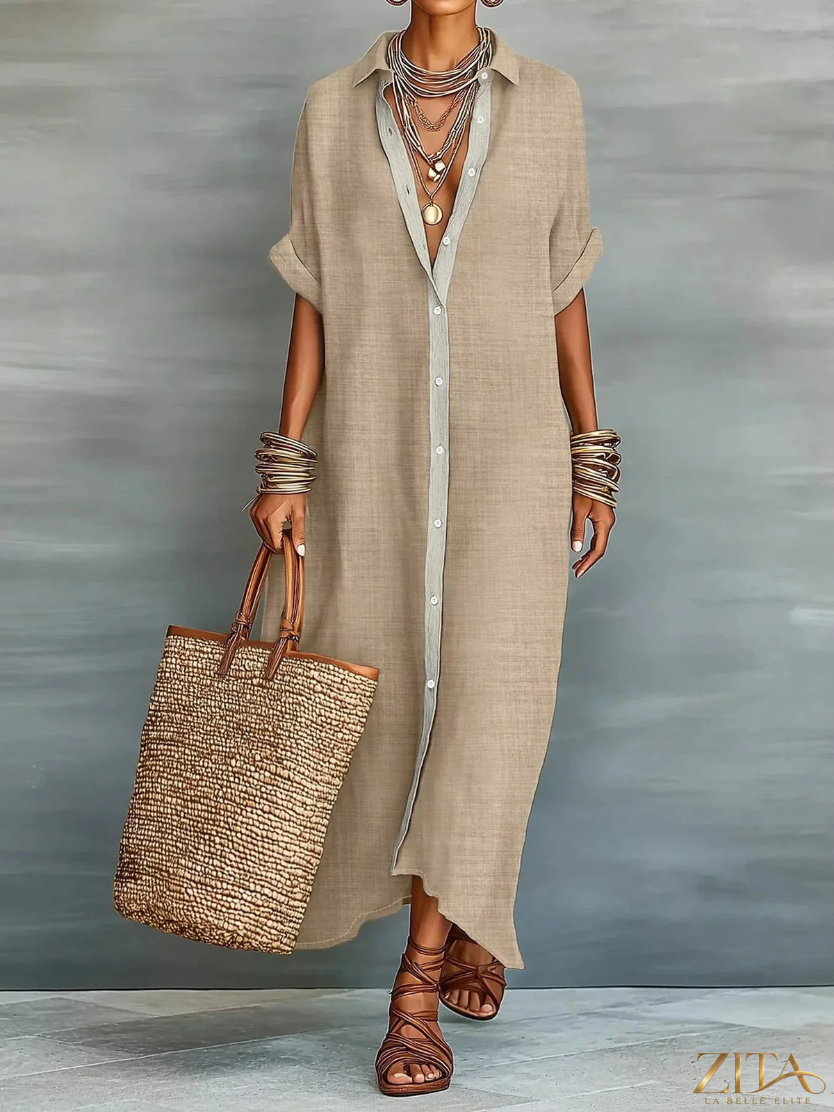 Zita La Belle Elite casual shirt dress with button-down front, lightweight fabric, and classic collar, shown on a model.