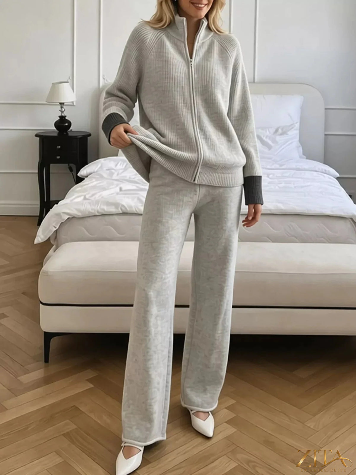 Zita La Belle Elite zip-up contrast cuff cardigan and pants sweater set, featuring a stylish matching knitwear ensemble with color accents.