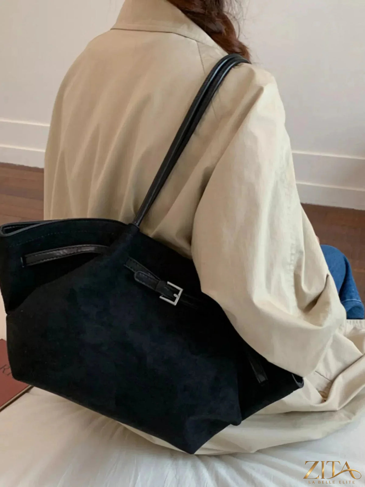 Zita La Belle Elite solid color buckle tote bag with structured design and top handles, showcasing a minimalist and stylish look.