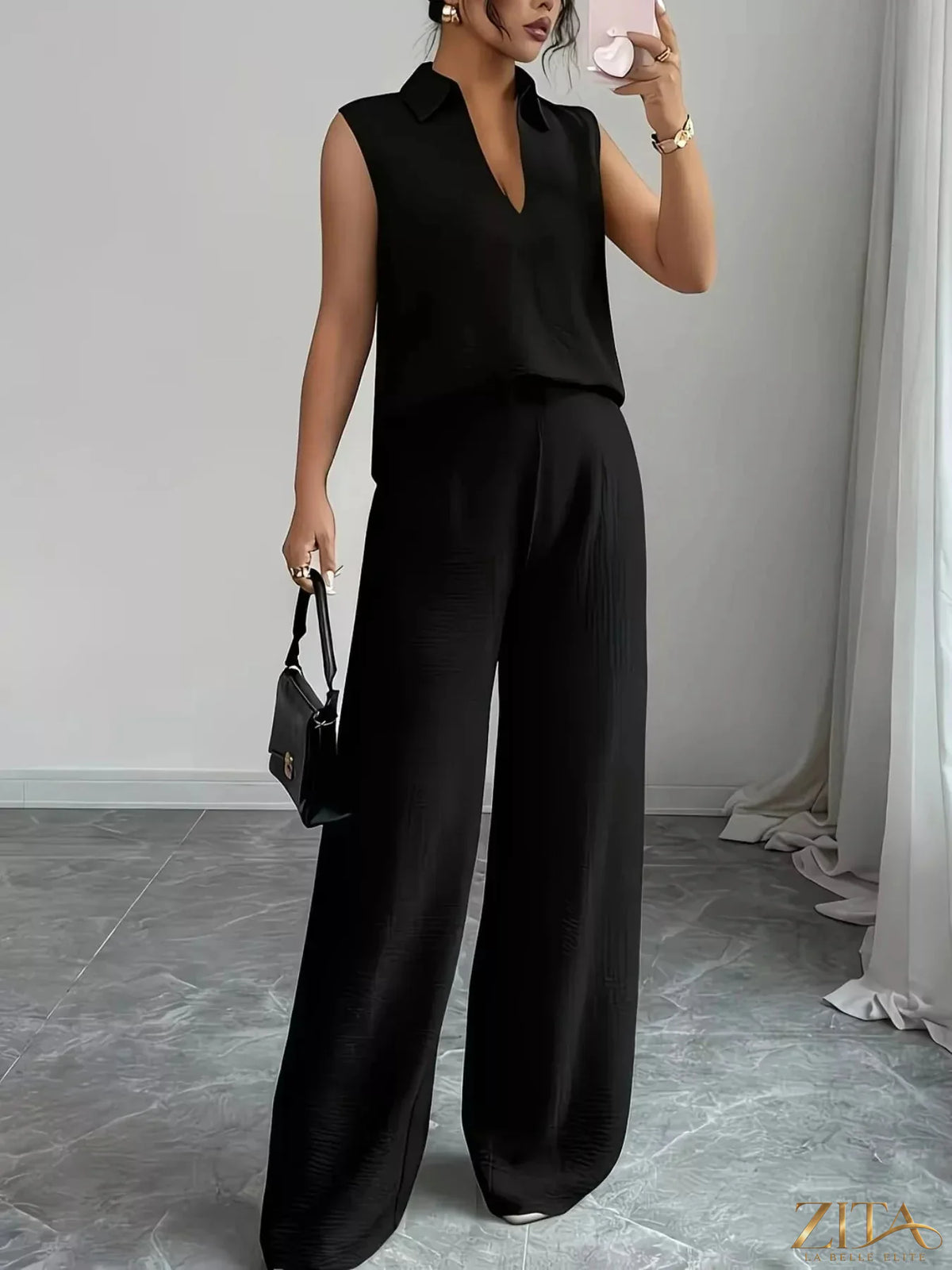 Zita La Belle Elite sleeveless top and wide-leg pants set in lightweight fabric, stylish and comfortable for casual wear.