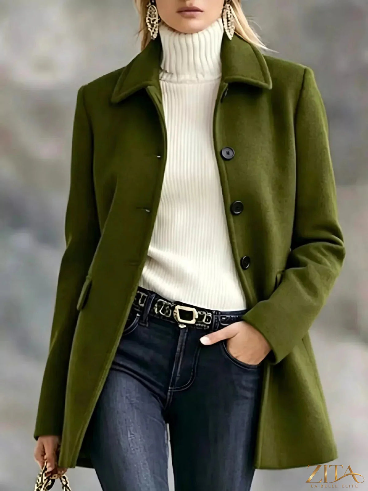 Zita La Belle Elite button-up coat with a collared neck, stylish design, and tailored fit, perfect for layering and cooler weather.