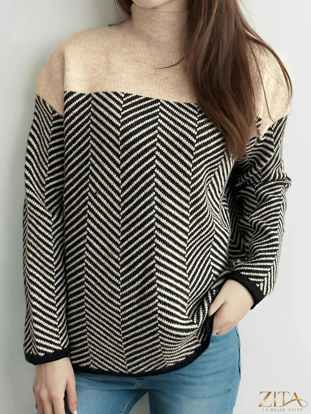 Contrast turtleneck long sleeve sweater by Trendsi, featuring a stylish design and cozy fit, shown on a model.