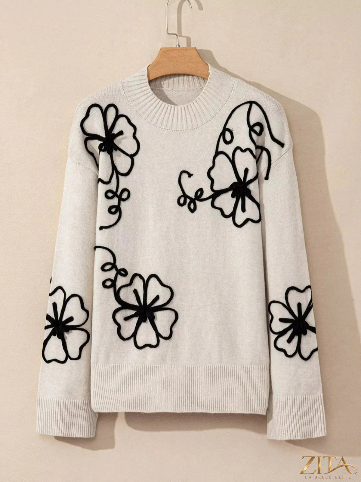 Zita La Belle Elite flower stitching mock neck sweater in soft knit fabric with floral embroidery detail