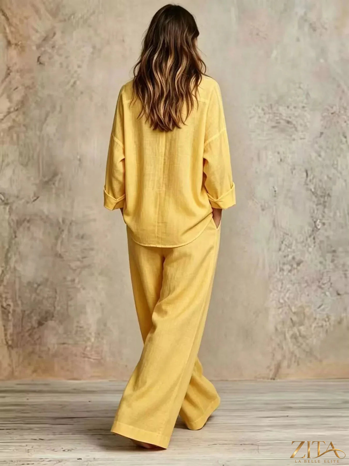 Plus size Zita La Belle Elite button-down shirt and wide-leg pants set, featuring a stylish, coordinated outfit in natural fabric.