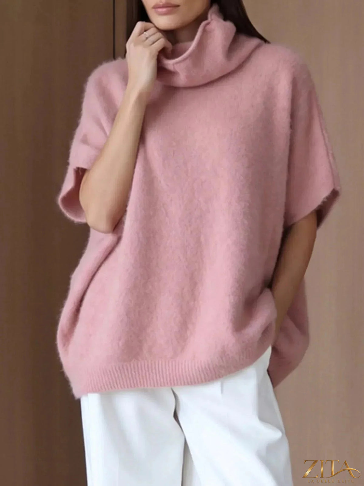 Zita La Belle Elite fuzzy short sleeve turtleneck sweater in soft, cozy fabric with a fitted silhouette and short sleeves.