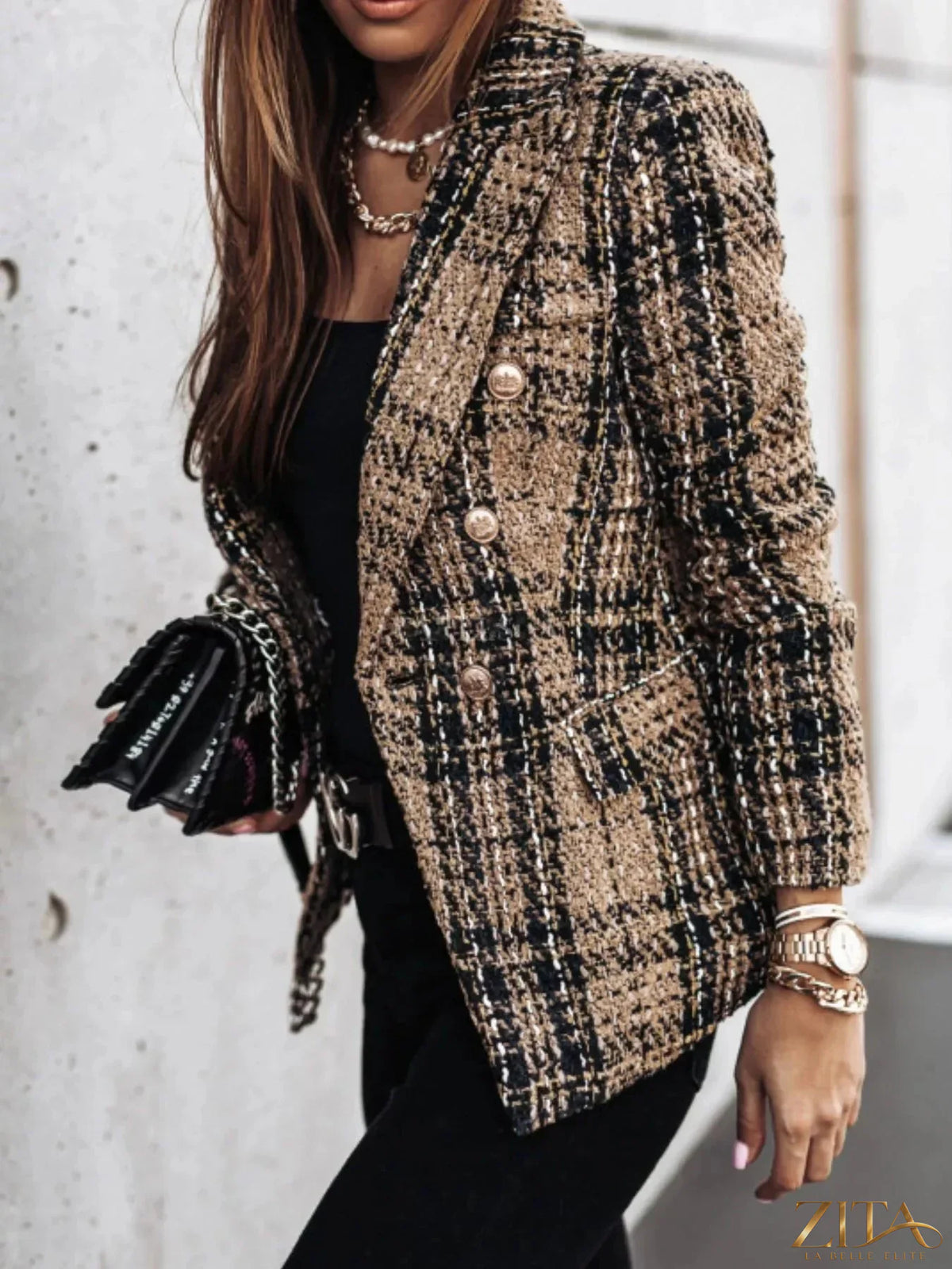 Plus size plaid tweed double-breasted blazer by Zita La Belle Elite, featuring classic tailored fit and stylish pattern.