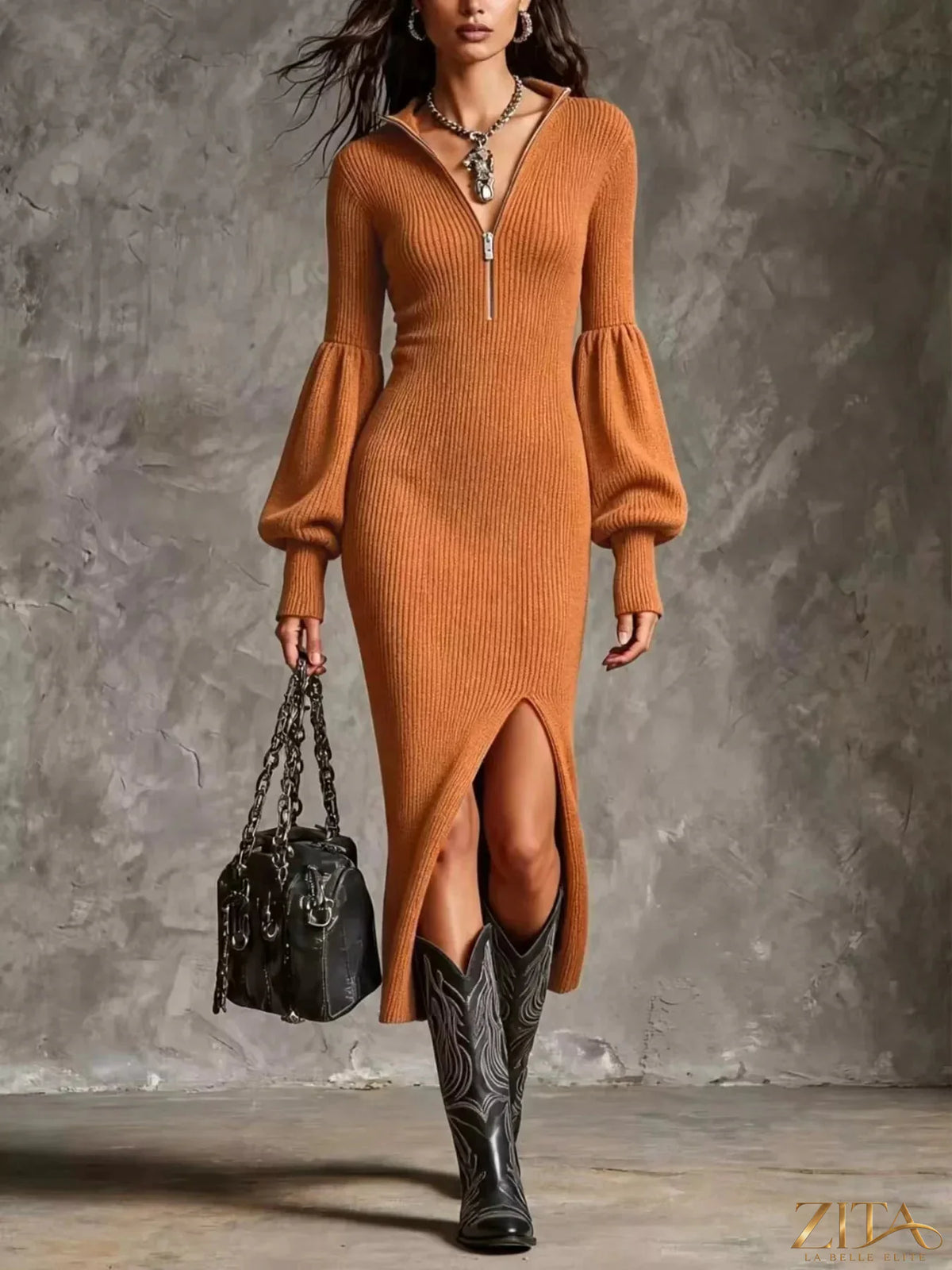 Zita La Belle Elite ribbed knit quarter-zip lantern sleeve sweater dress, showcasing its textured fabric and stylish design.