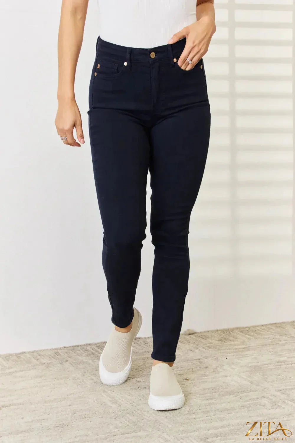Zita La Belle Elite Judy Blue full-size garment dyed tummy control skinny jeans, showing a close-up of the denim fabric and fit.