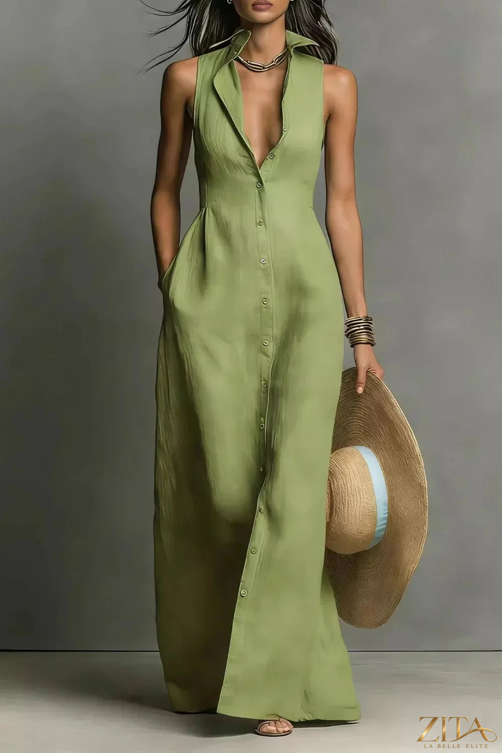 Zita La Belle Elite sleeveless button-down maxi dress with a flowing silhouette and vibrant print, perfect for summer wear.
