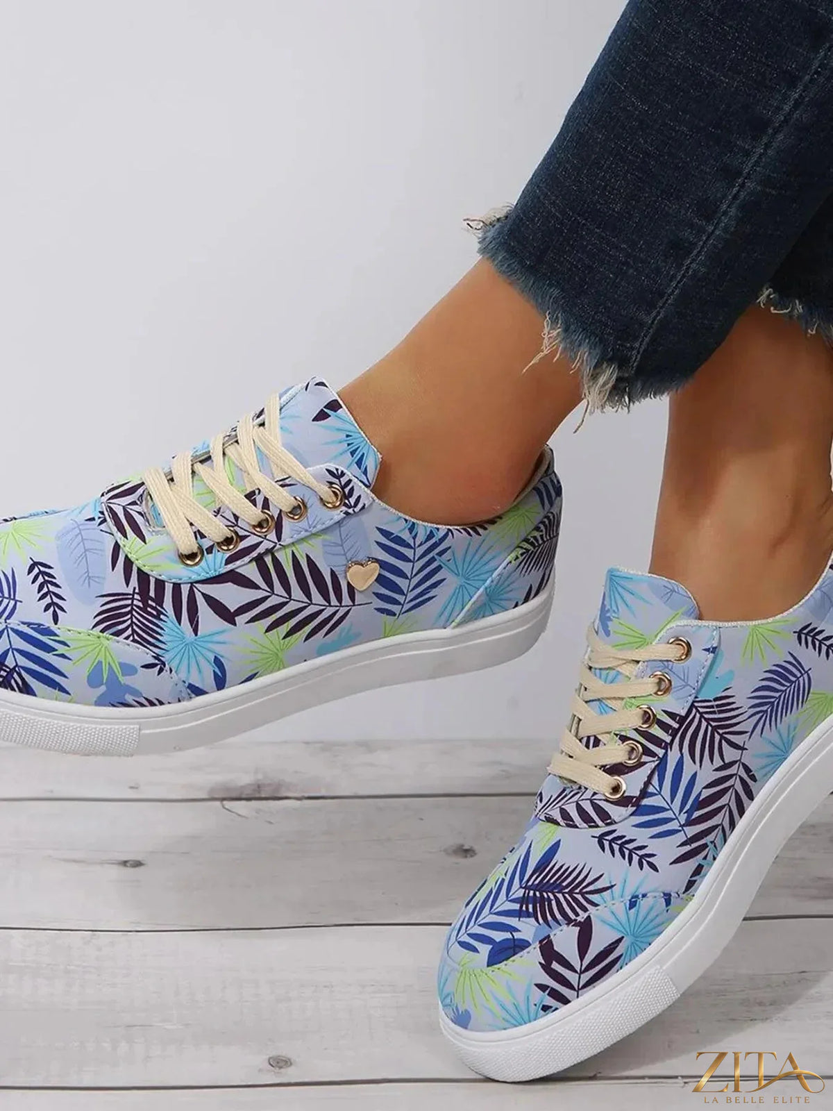 Zita La Belle Elite tropical leaf print canvas sneakers with green and white floral design on white background