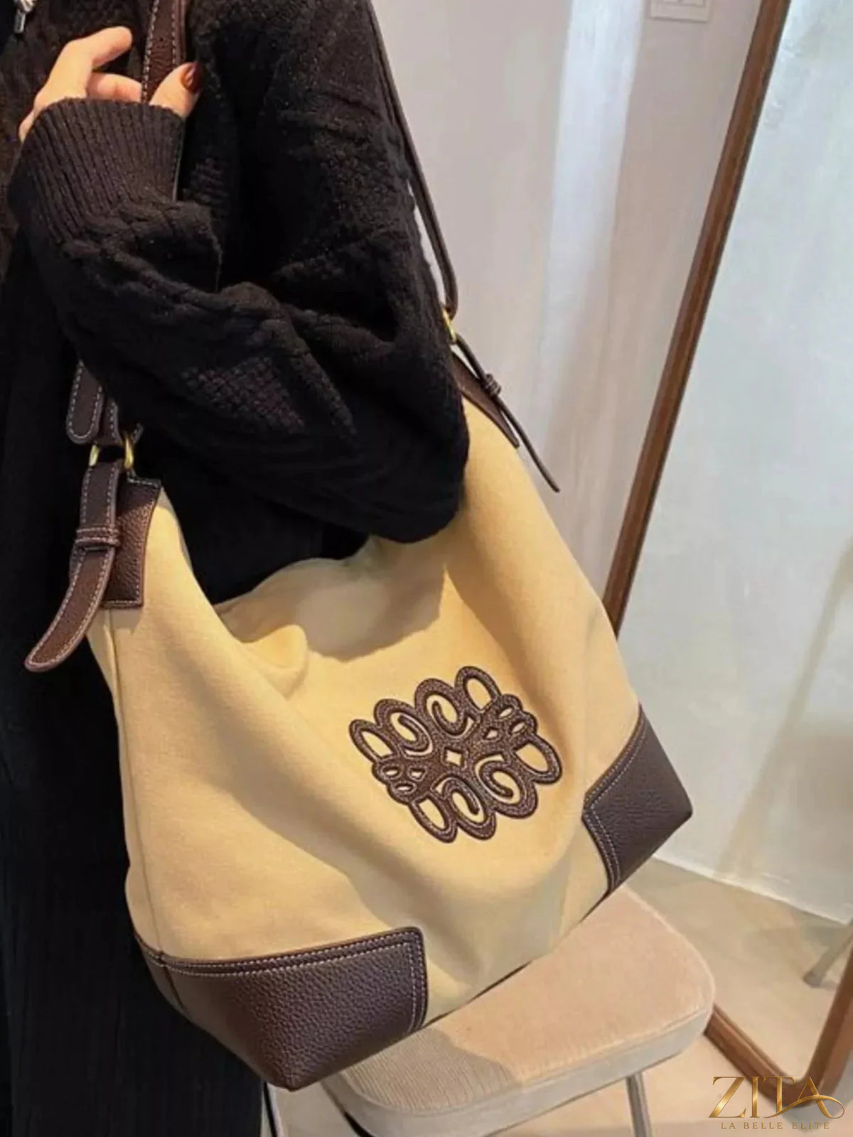 Embroidered canvas tote bag by Zita La Belle Elite with colorful floral embroidery, spacious design for everyday carrying.