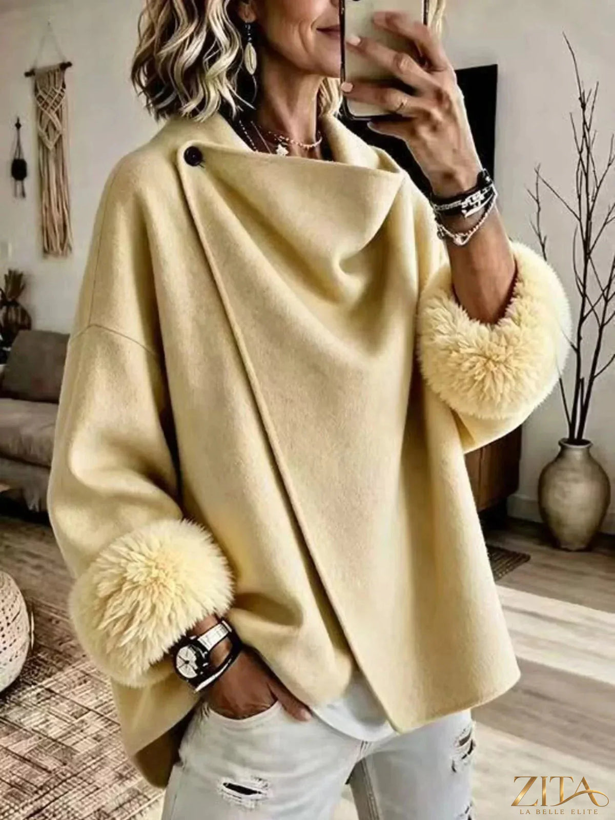 Plus size full-length faux fur cuff outerwear by Zita La Belle Elite, featuring an elegant asymmetric design and luxurious texture.