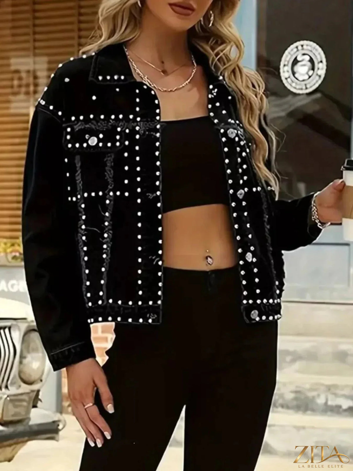 Plus size Zita La Belle Elite denim jacket with full-length studs and button-up front, showcasing a stylish, fitted design.