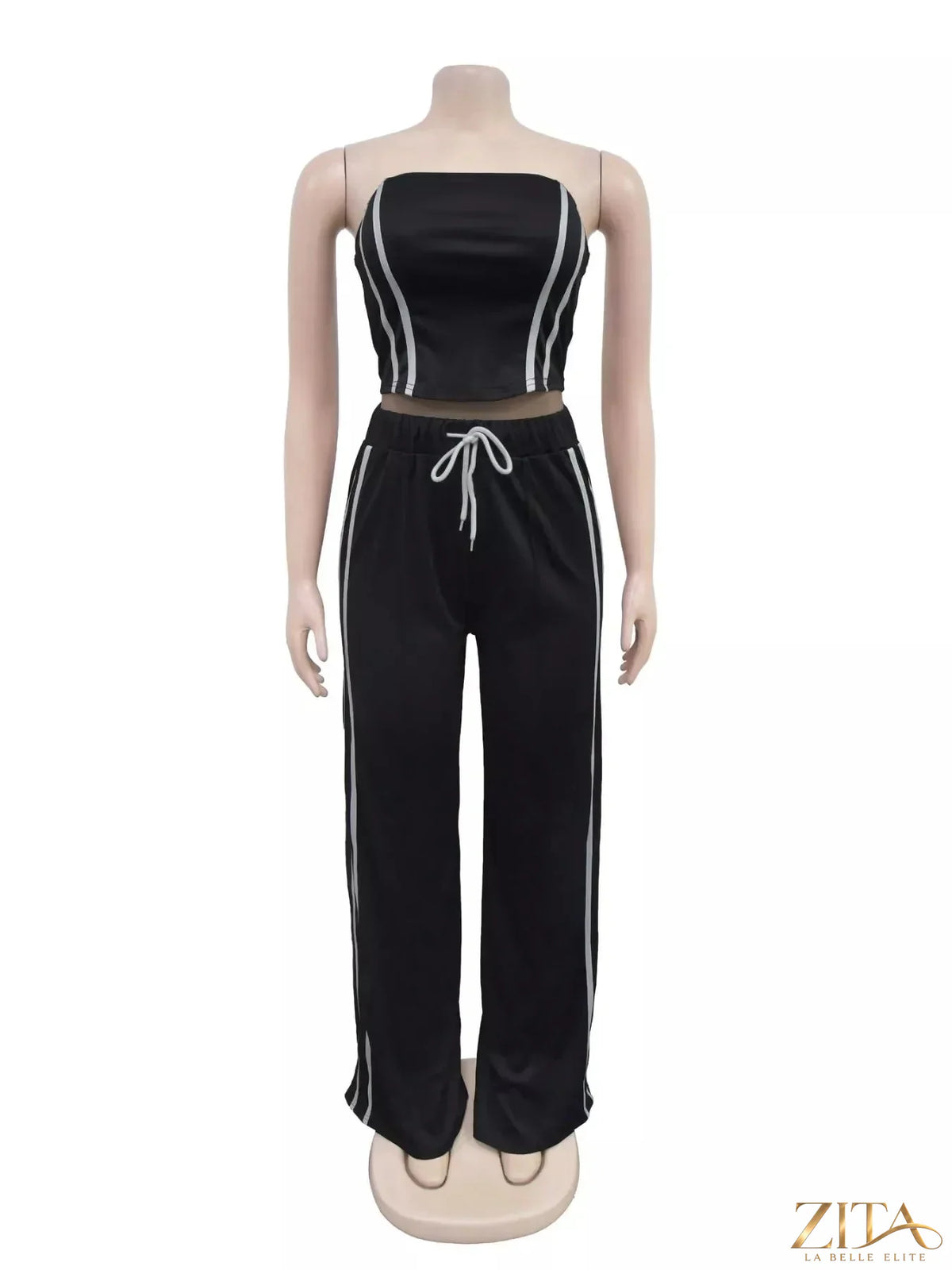 Zita La Belle Elite sleeveless tube top and wide-leg pants set displayed on a model, styled for a casual chic look.
