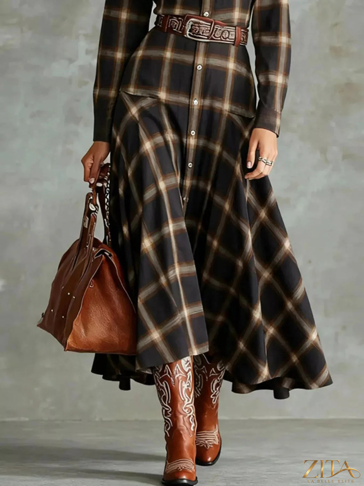 Zita La Belle Elite plaid button-down shirt dress with long sleeves and collar, featuring a stylish checkered pattern.