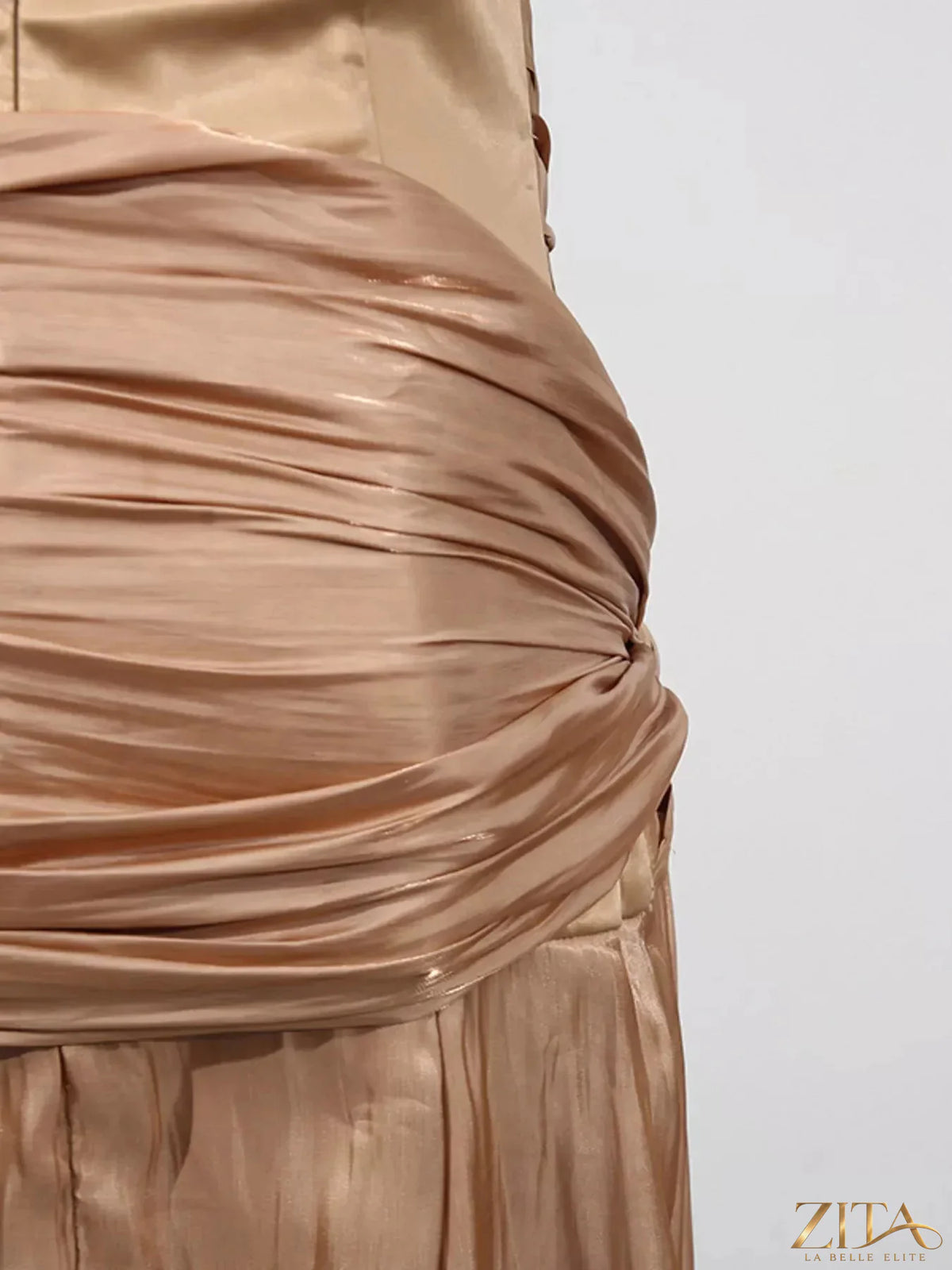 Zita La Belle Elite halter neck ruched maxi dress in flowing fabric, featuring a fitted bodice and elegant floor-length design.