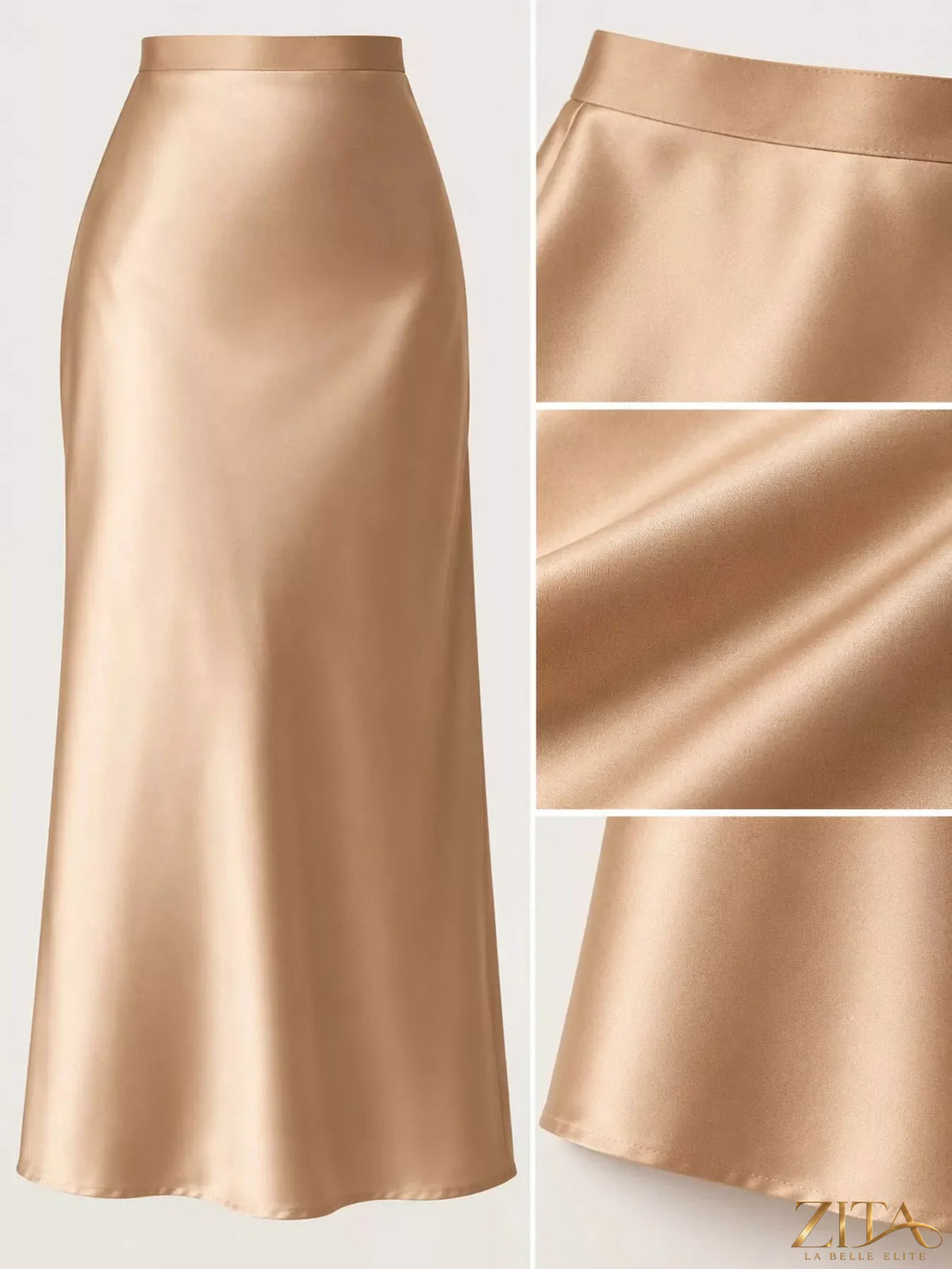 High-waisted satin midi skirt from Trendsi, shown in soft, shiny fabric with a flowing design and midi length.