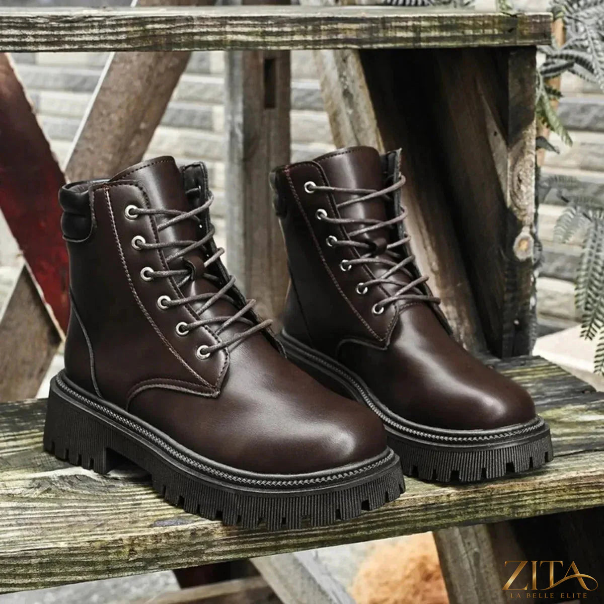 Trendsi lace-up platform boots with chunky heels and black leather appearance, stylish footwear for women.
