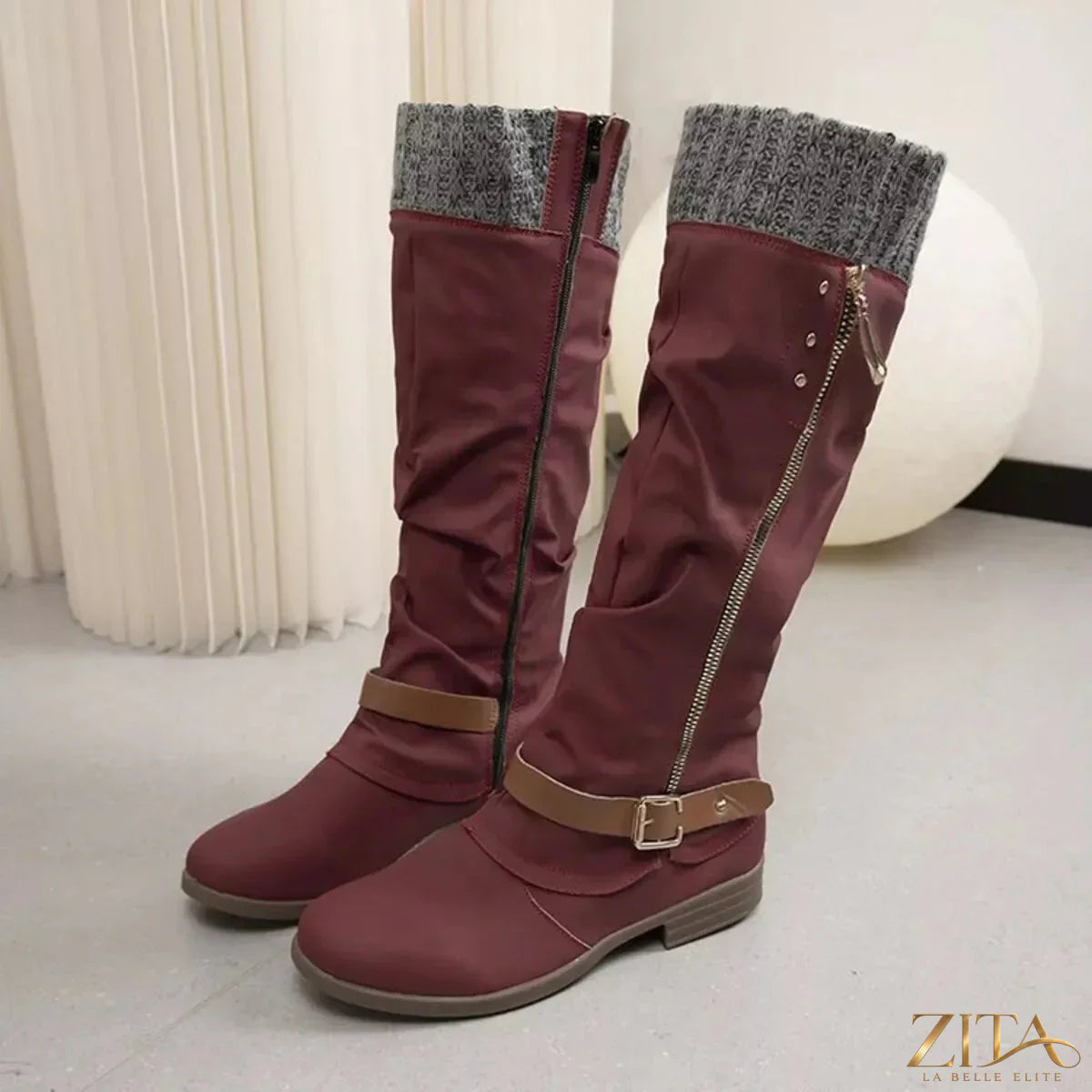 Zita La Belle Elite knee-high slouch boots with knit cuff, featuring a soft suede appearance and relaxed slouch design.