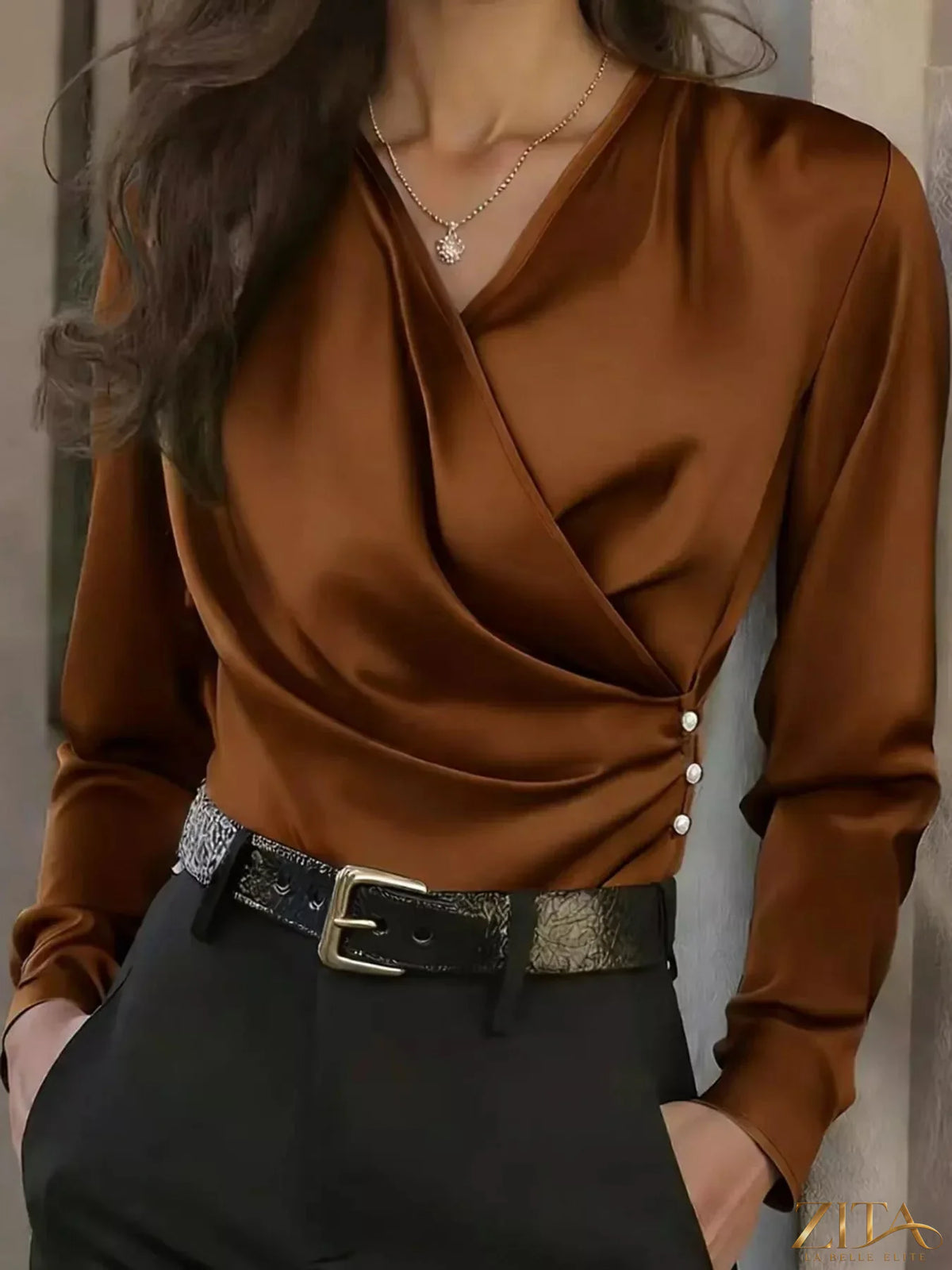 Zita La Belle Elite satin surplice long sleeve blouse with draped neckline and elegant fit, shown on a model.