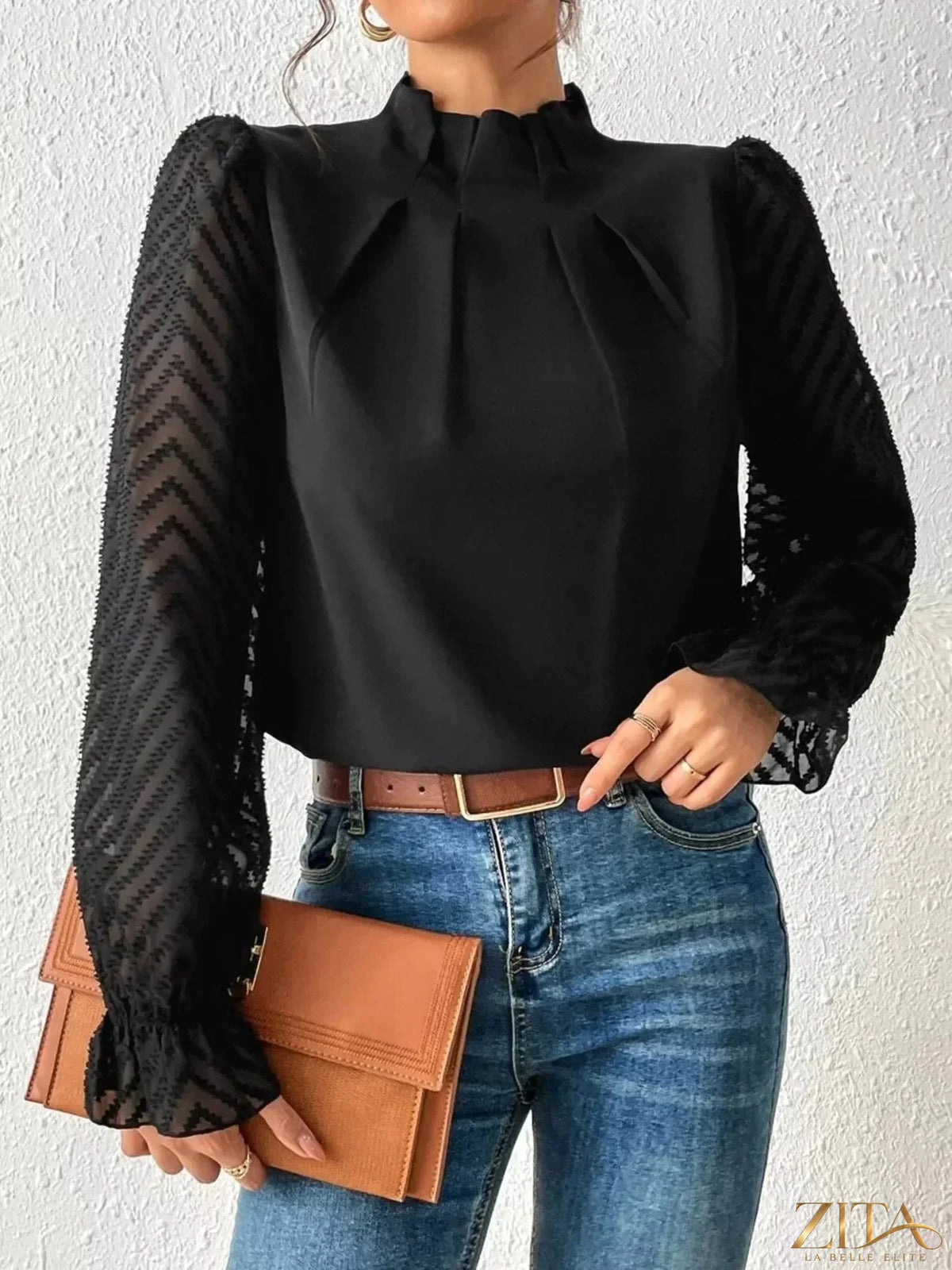 Zita La Belle Elite mock neck blouse with sheer lace sleeves and elegant design, perfect for stylish and sophisticated looks.
