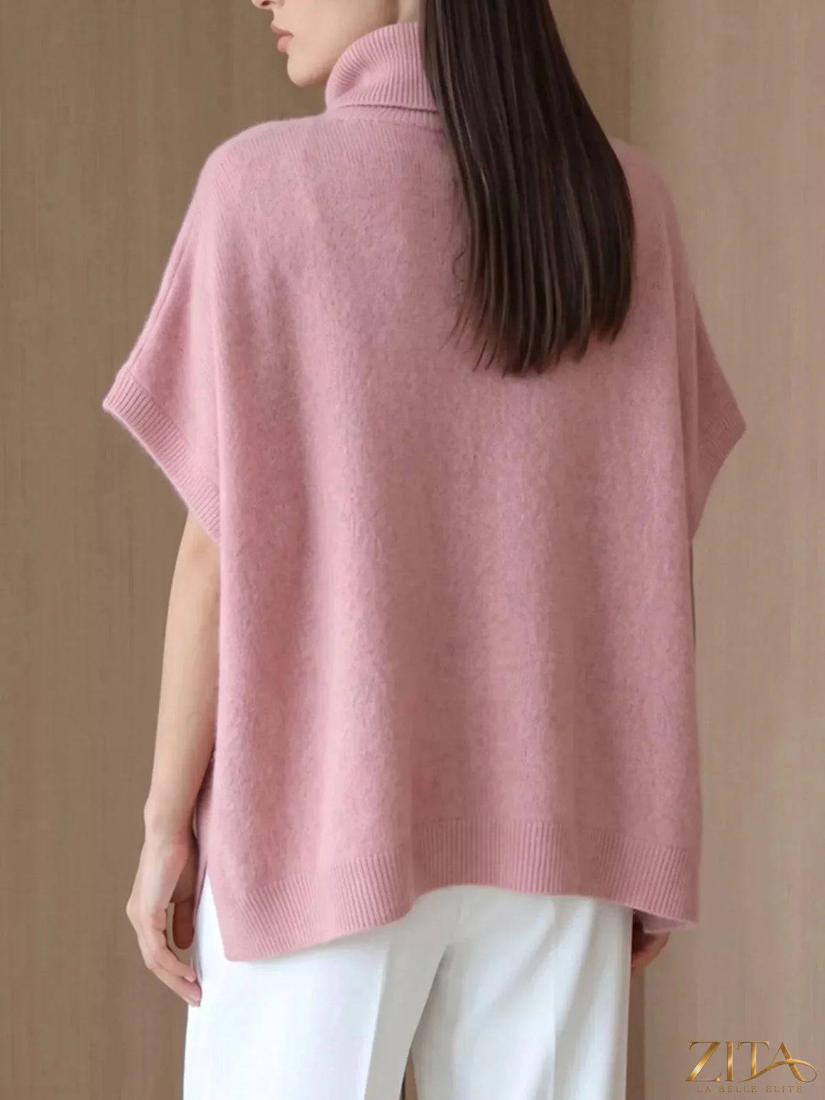 Zita La Belle Elite fuzzy short sleeve turtleneck sweater in soft, cozy fabric with a fitted style and ribbed collar.