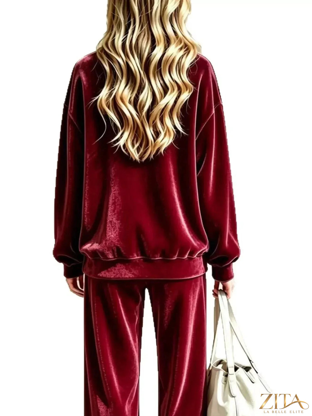 Plus size Zita La Belle Elite velvet dropped shoulder top with wide-leg pants set, featuring a luxurious textured fabric and relaxed fit.
