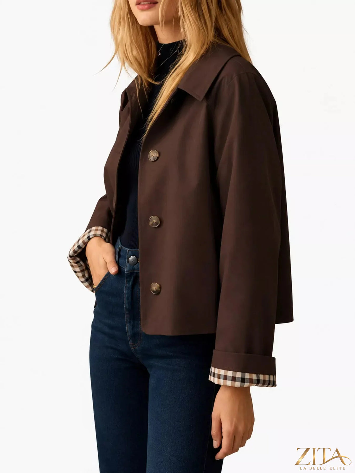 Zita La Belle Elite plaid cuffs cropped trench coat with stylish outerwear and distinctive plaid details