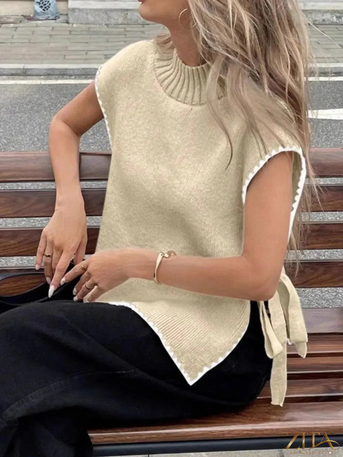 Ribbed turtleneck sweater vest with contrast trim, stylish knit design, Trendsi brand, displayed on a neutral background.