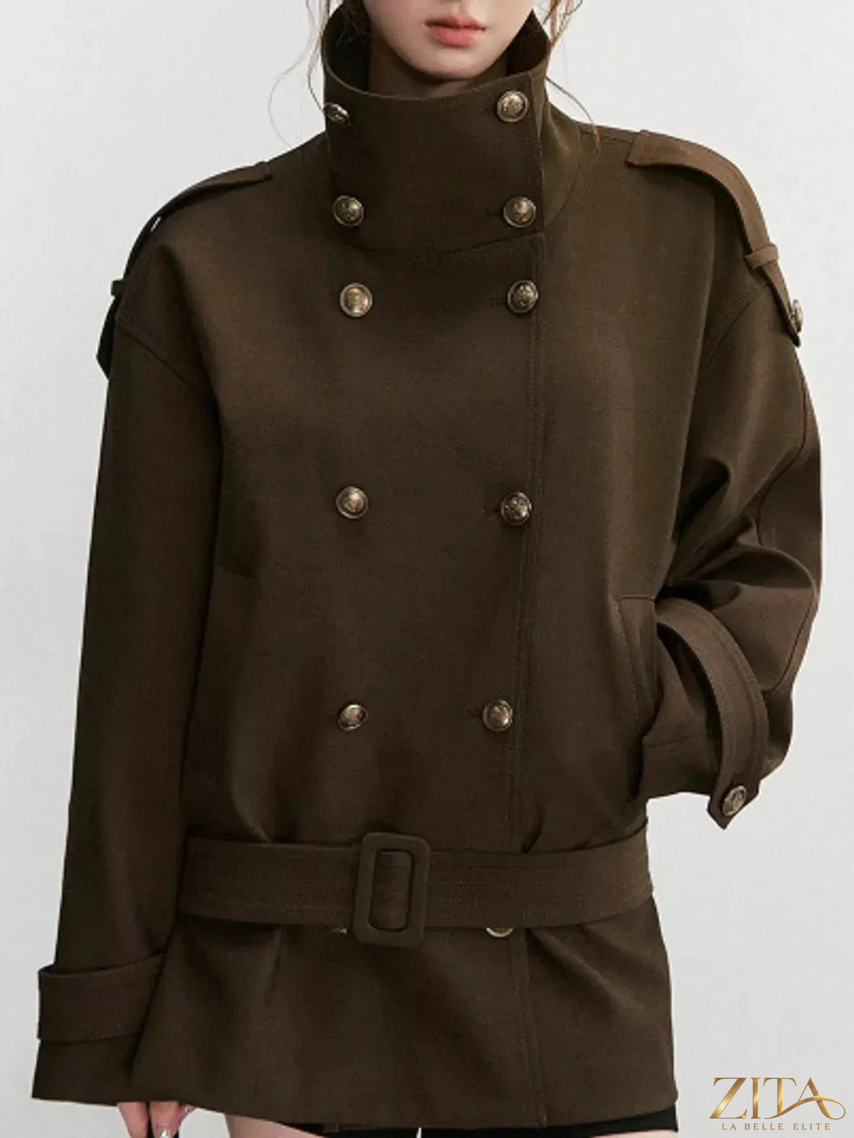 Zita La Belle Elite double-breasted turtleneck trench coat, stylish outerwear with a fitted silhouette and classic design.