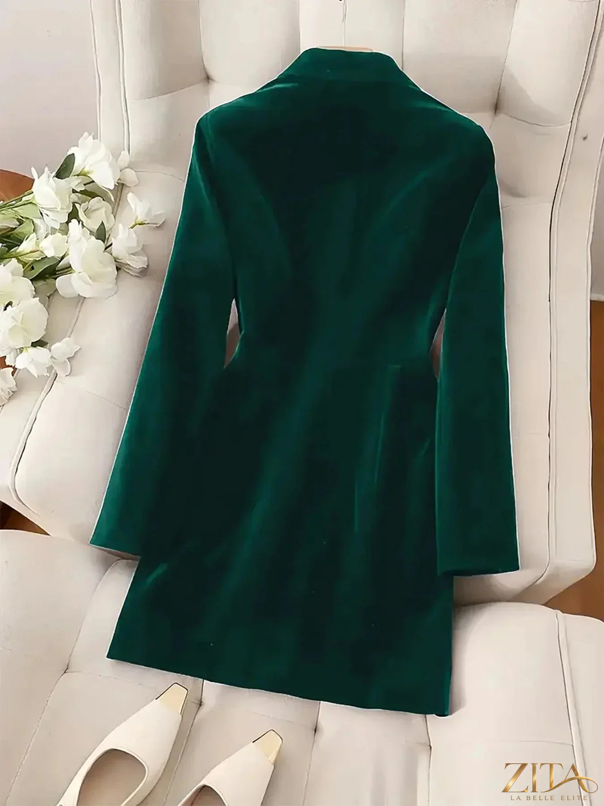 Zita La Belle Elite velvet double-breasted blazer dress with structured lapels and tailored fit, shown on a hanger.