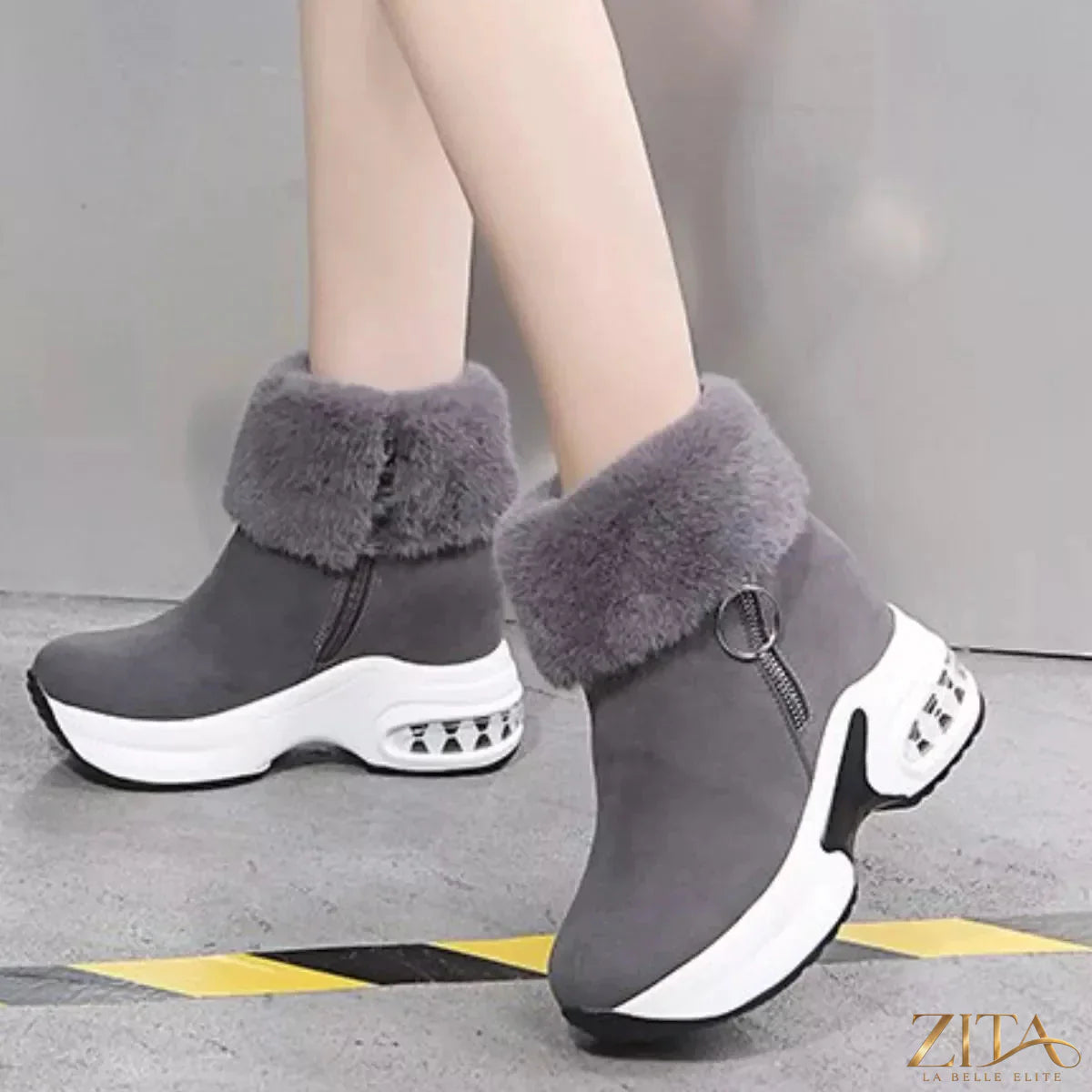 Zita La Belle Elite fuzzy side zipper platform ankle boots with plush exterior and chunky sole, stylish and comfortable footwear.