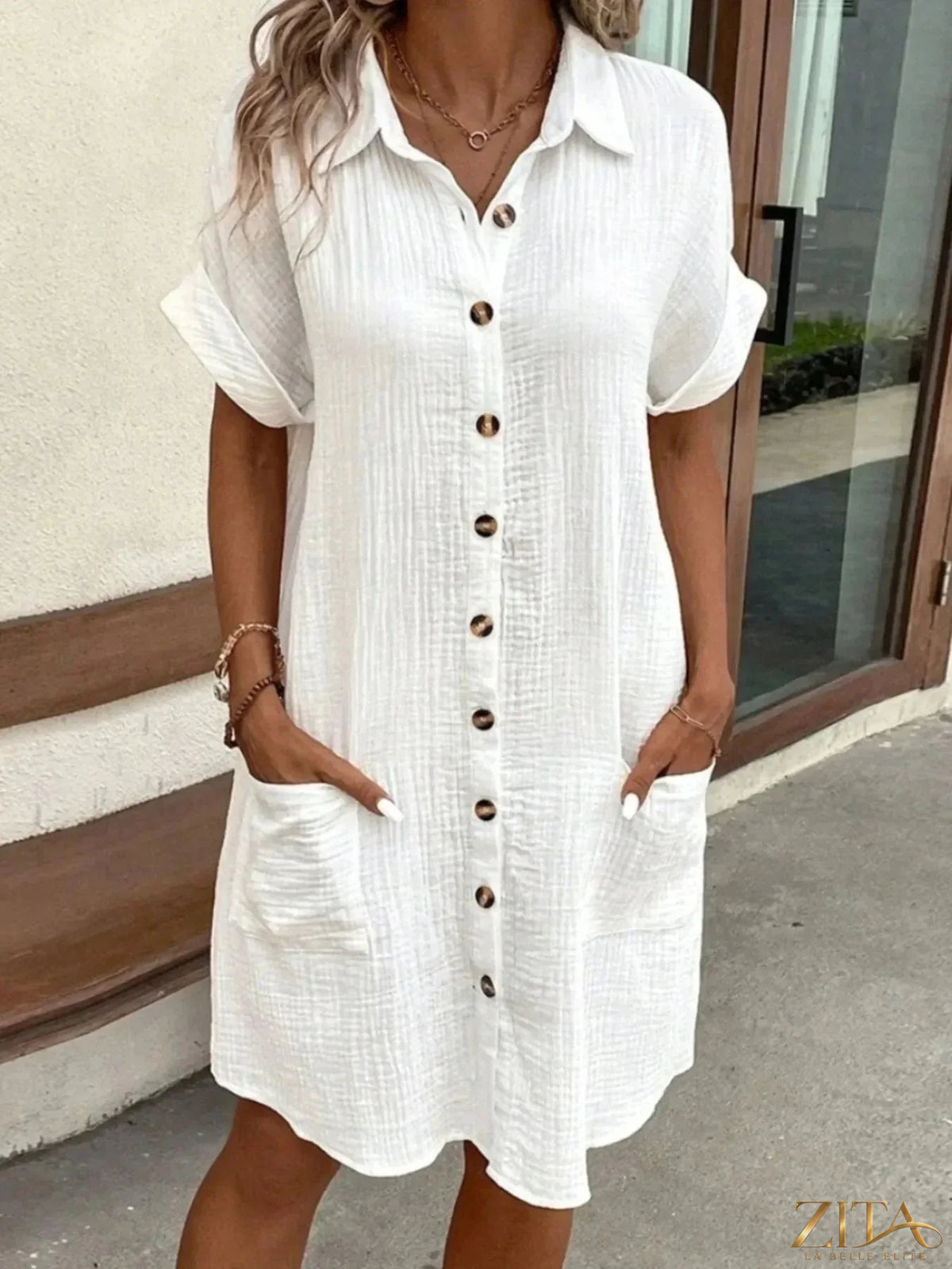 Zita La Belle Elite casual button-down shirt dress with pockets, lightweight fabric, and long sleeves for a relaxed, stylish look.